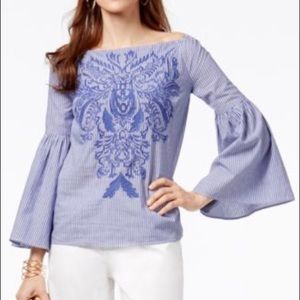 INC Blue Embroidered bell Sleeve Top